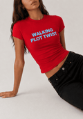Walking Plot Twist Red Baby Tee | Fitted Graphic Crop Top for Women
