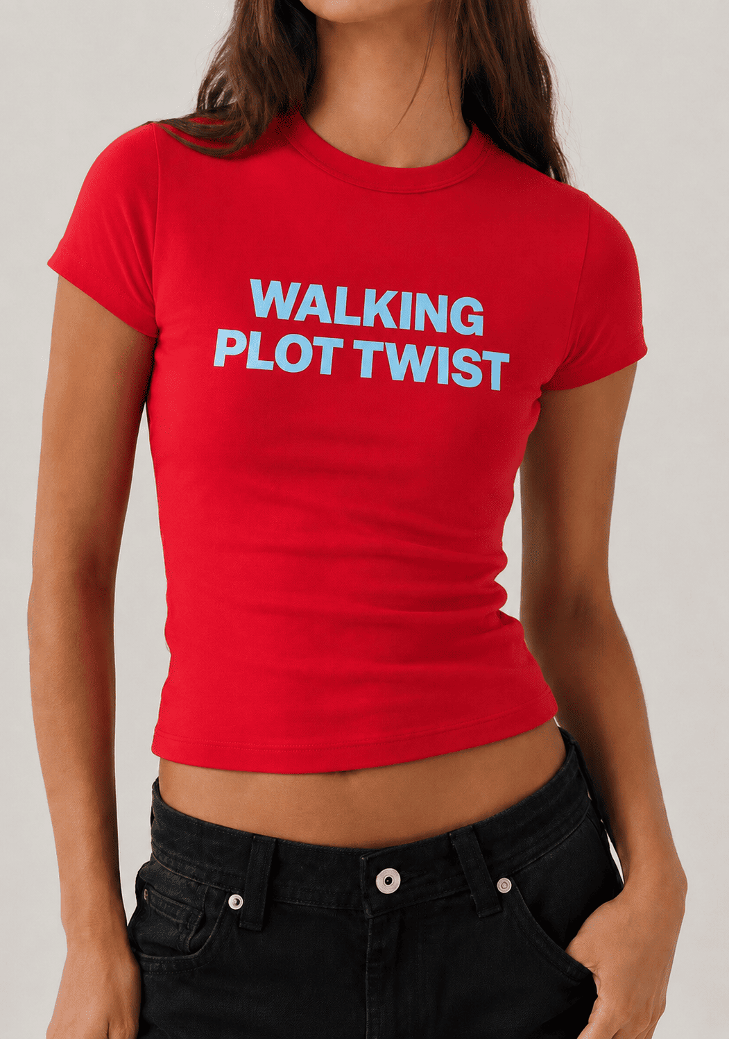 Walking Plot Twist Red Baby Tee | Fitted Graphic Crop Top for Women