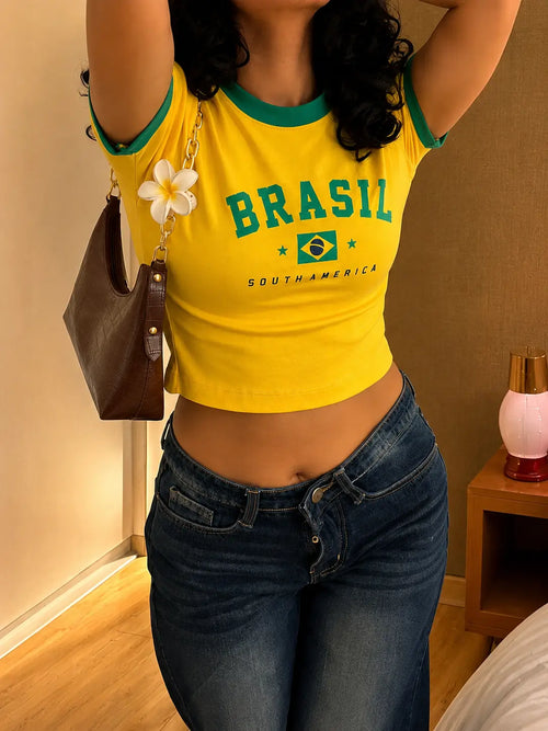 Brasil Yellow Baby Tee for Women | Vintage Y2K Graphic Crop Top | 303