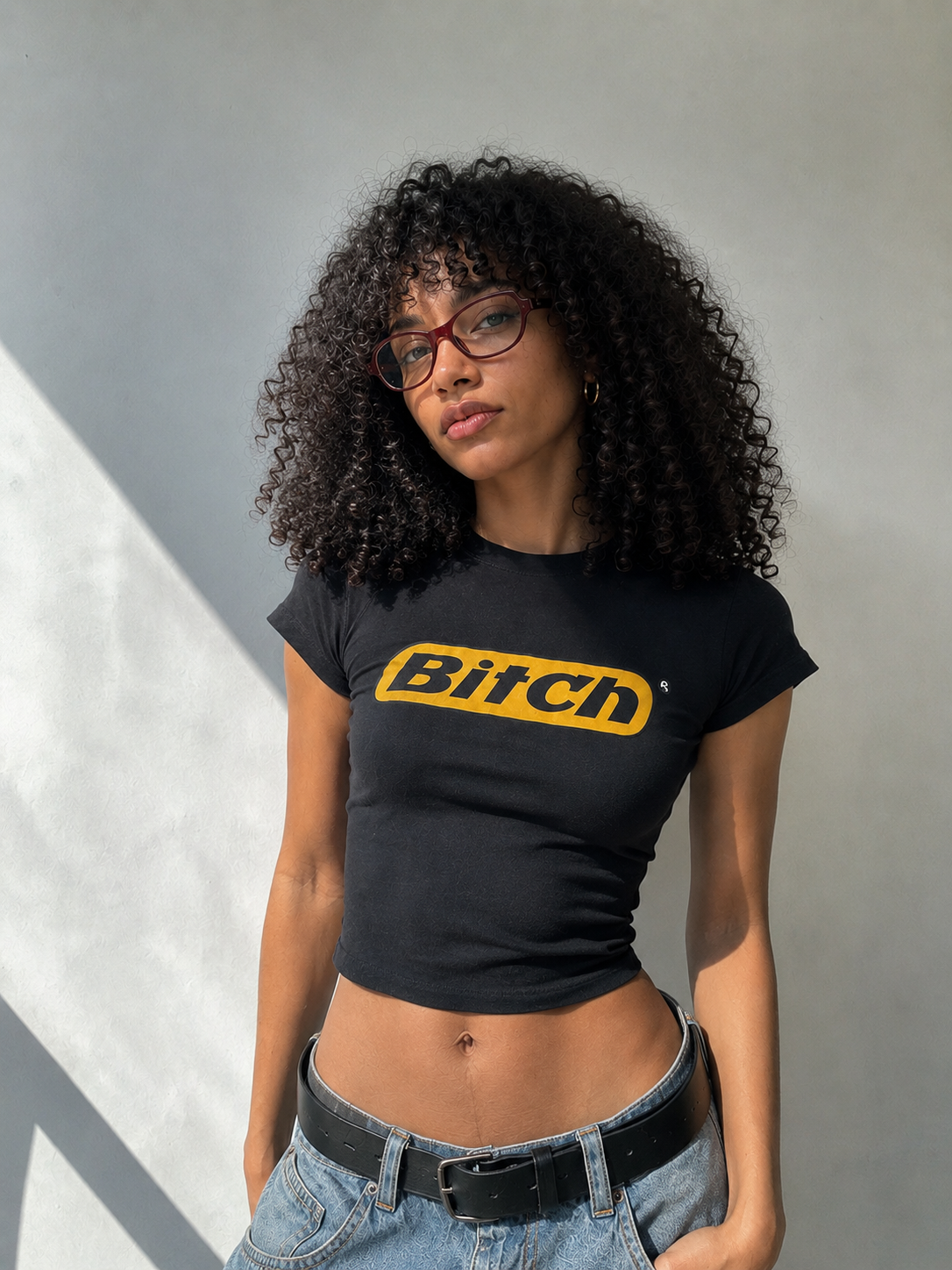 Bitch Graphic Black Baby Tee | Black Y2K Fitted Crop Top