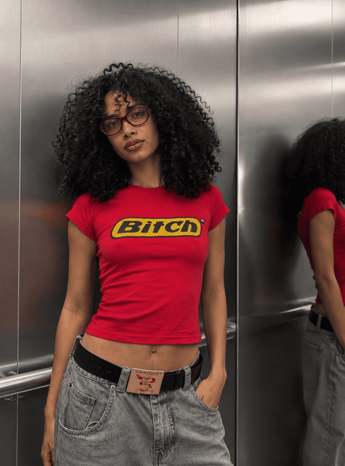 Bitch Graphic Baby Tee – Red Fitted Cotton Lycra Crop Top | Aesthetic Y2K baby tee