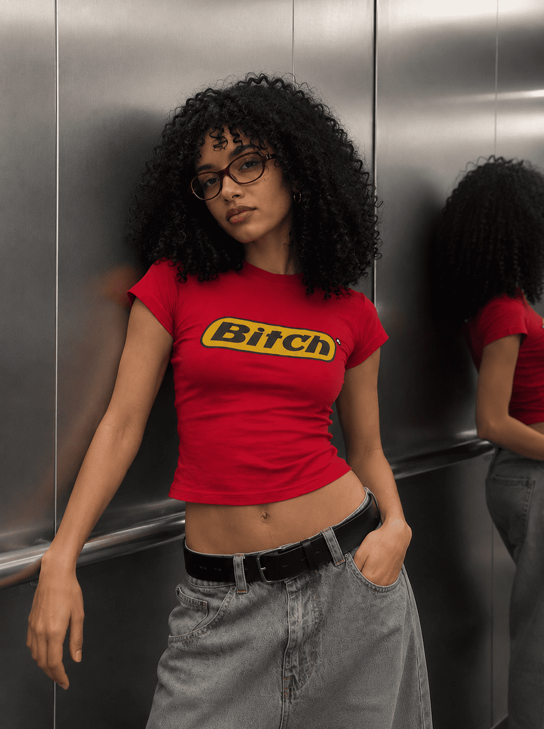 Bitch Graphic Baby Tee – Red Fitted Cotton Lycra Crop Top | Aesthetic Y2K baby tee