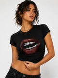 Bite Me Graphic Baby Tee for Women – Y2K Black Fitted Crop Top