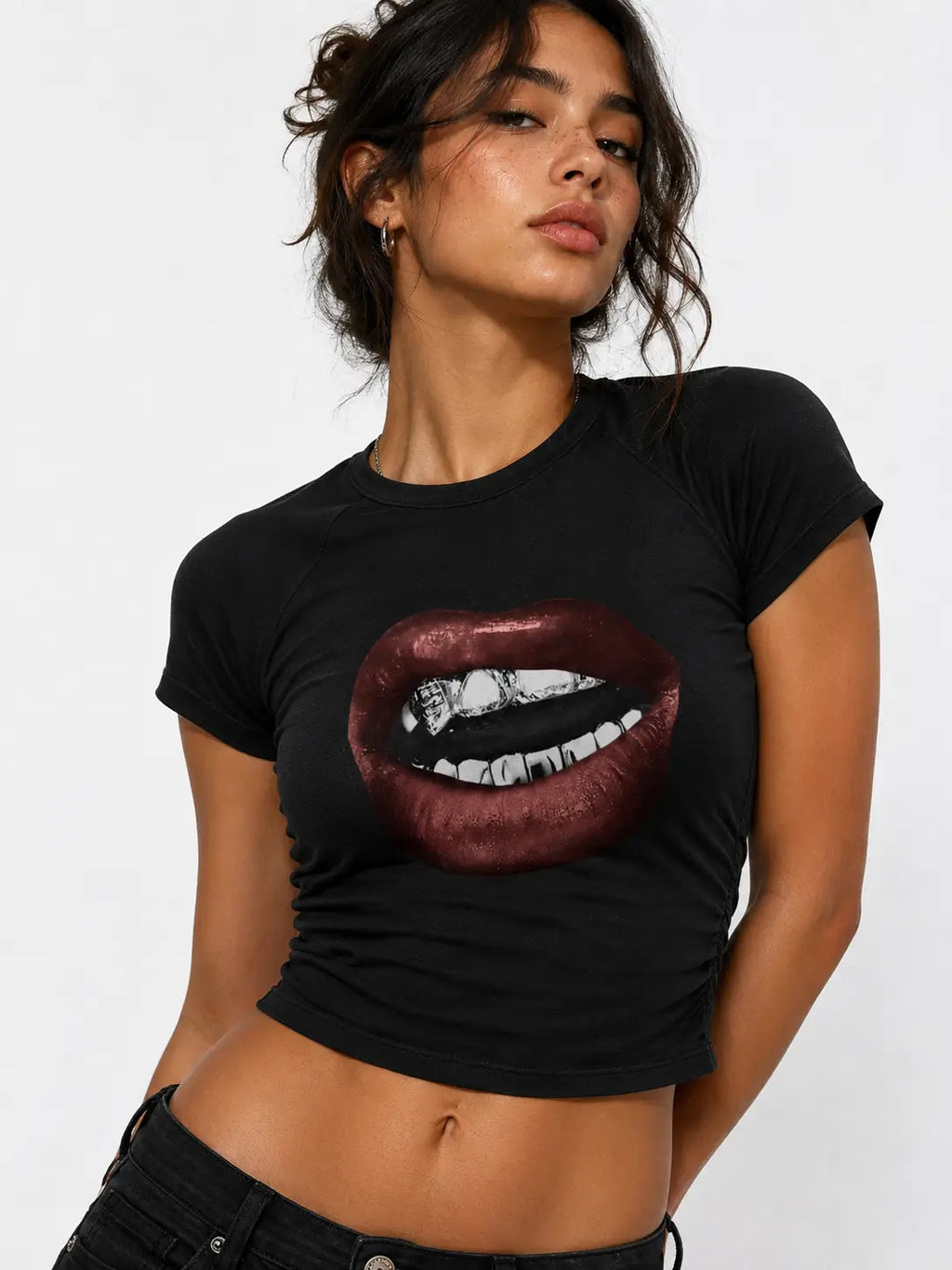 Bite Me Graphic Baby Tee for Women – Y2K Black Fitted Crop Top
