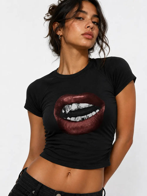 Bite Me Graphic Baby Tee for Women – Y2K Black Fitted Crop Top