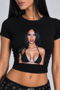Megan Fox Graphic Baby Tee – Black Fitted Crop Top for Women