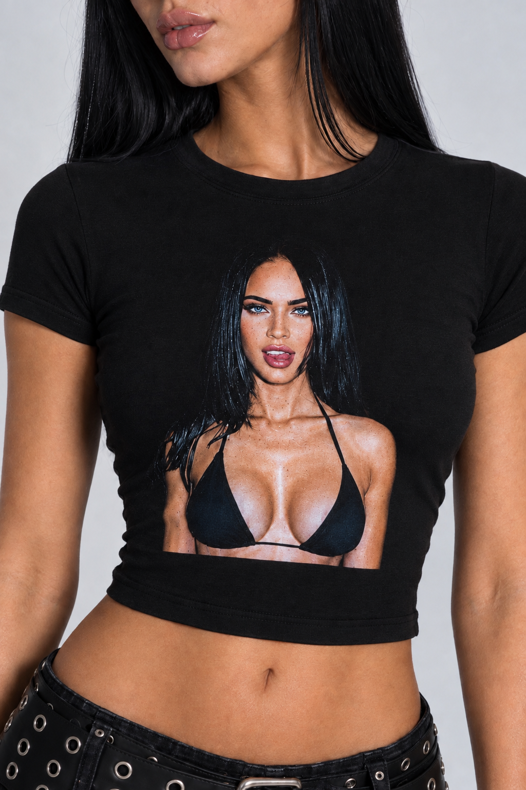 Megan Fox Graphic Baby Tee – Black Fitted Crop Top for Women