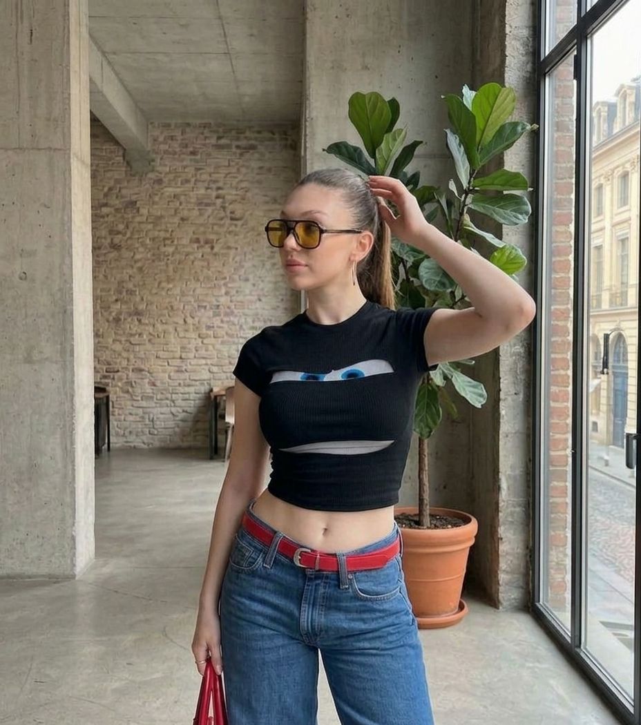 Cartoon Eyes Black Baby Tee – Stretch Fit Graphic Crop Top for Women | physical by 303™ (formerly 303)
