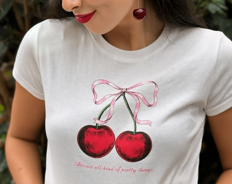 Cherry Baby Tee Crop Top – White Y2K Aesthetic Cute Bow Detail | physical by 303™ (formerly 303)