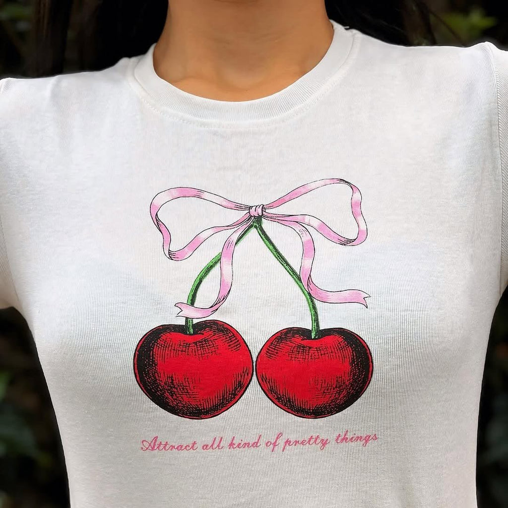 Cherry Baby Tee Crop Top – White Y2K Aesthetic Cute Bow Detail | physical by 303™ (formerly 303)