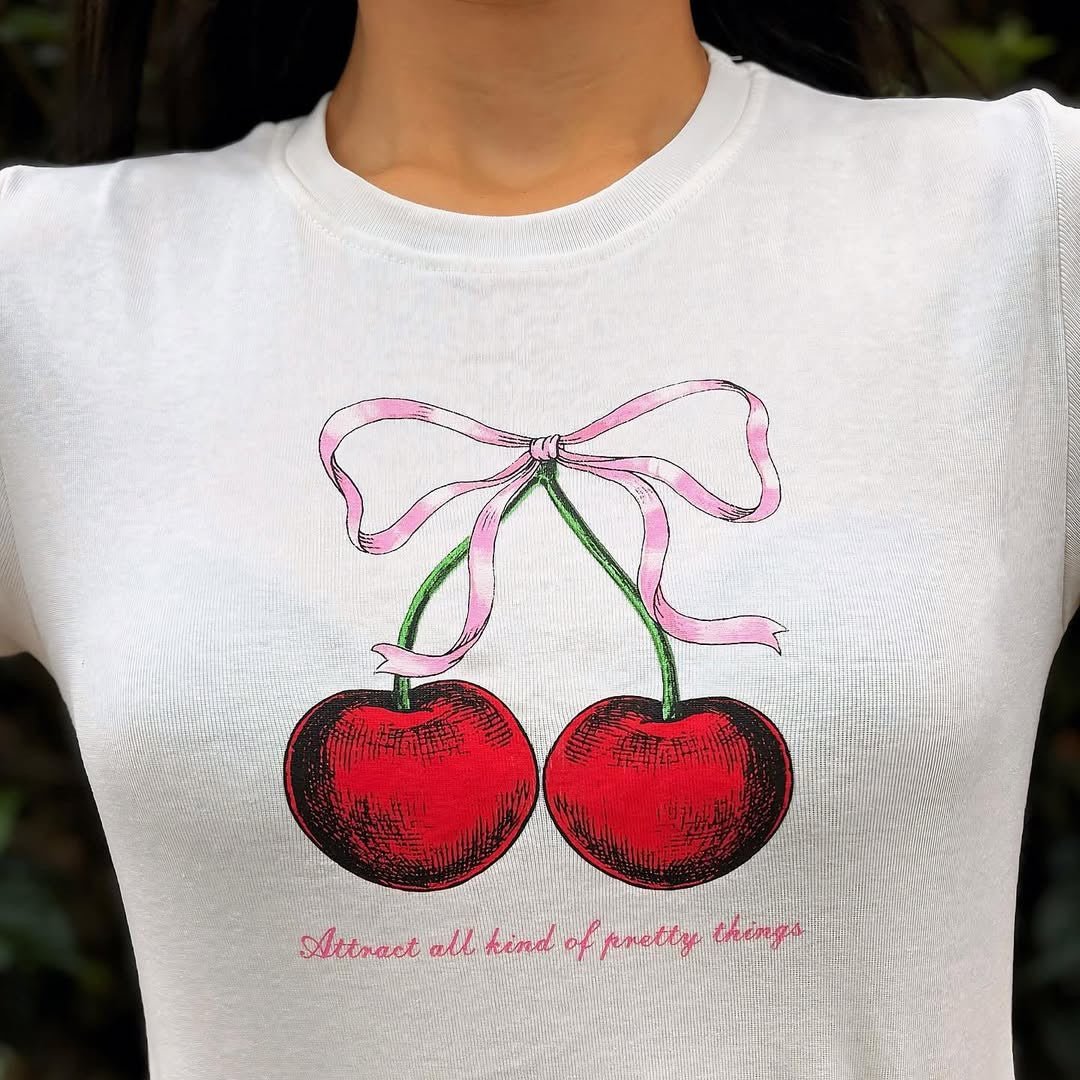 Cherry Baby Tee Crop Top – White Y2K Aesthetic Cute Bow Detail | physical by 303™ (formerly 303)