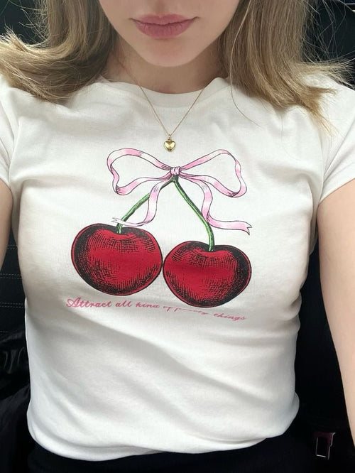 Cherry Baby Tee Crop Top – White Y2K Aesthetic Cute Bow Detail | physical by 303™ (formerly 303)