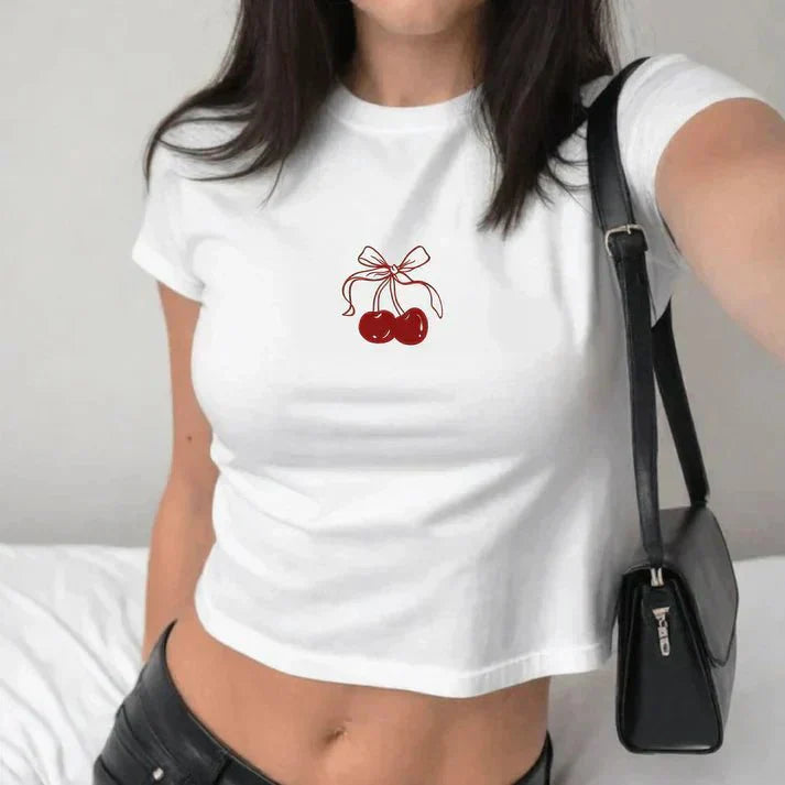 Cherry Baby Tee – White Aesthetic Crop Top | physical by 303™ (formerly 303)