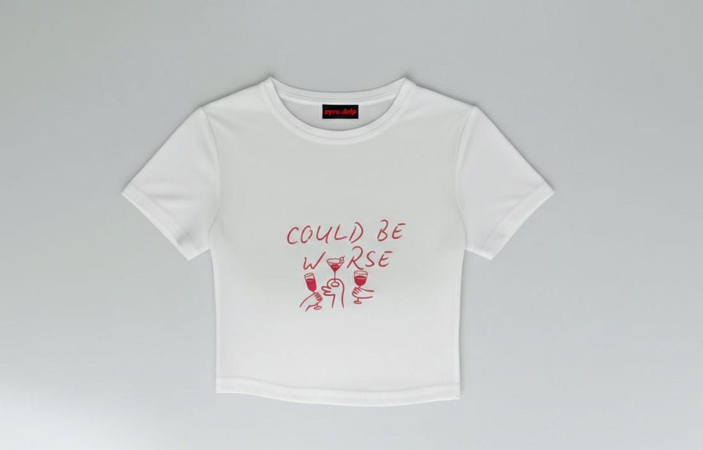 Could Be Worse” Women’s Baby Tee – Minimal Graphic Crop T-Shirt | physical by 303™ (formerly 303)