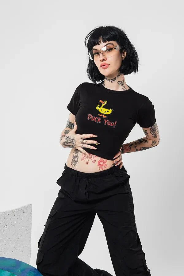 Duck You Graphic Baby Tee | Black Crop Top for Gen Z | physical by 303™ (formerly 303)