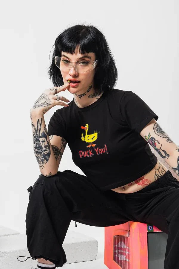 Duck You Graphic Baby Tee | Black Crop Top for Gen Z | physical by 303™ (formerly 303)
