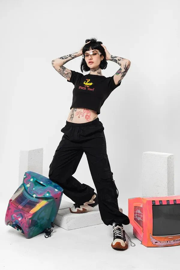 Duck You Graphic Baby Tee | Black Crop Top for Gen Z | physical by 303™ (formerly 303)
