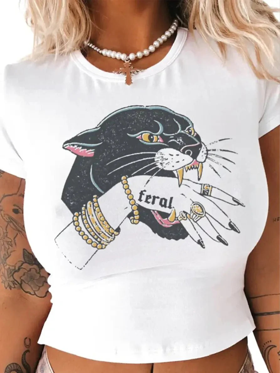 Feral Panther Graphic Baby Tee for Women – White Cropped Cotton Top | physical by 303™ (formerly 303)