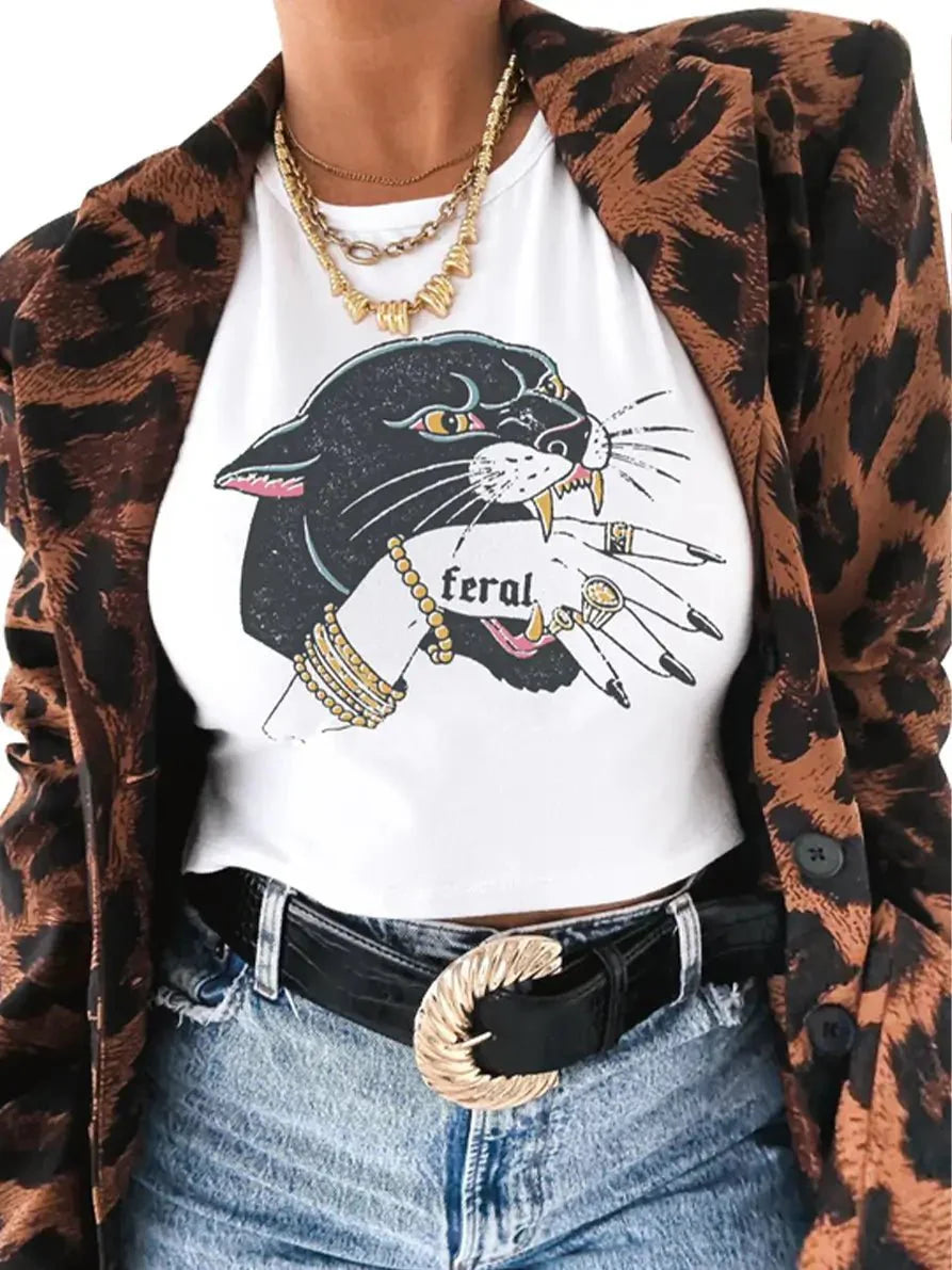 Feral Panther Graphic Baby Tee for Women – White Cropped Cotton Top | physical by 303™ (formerly 303)