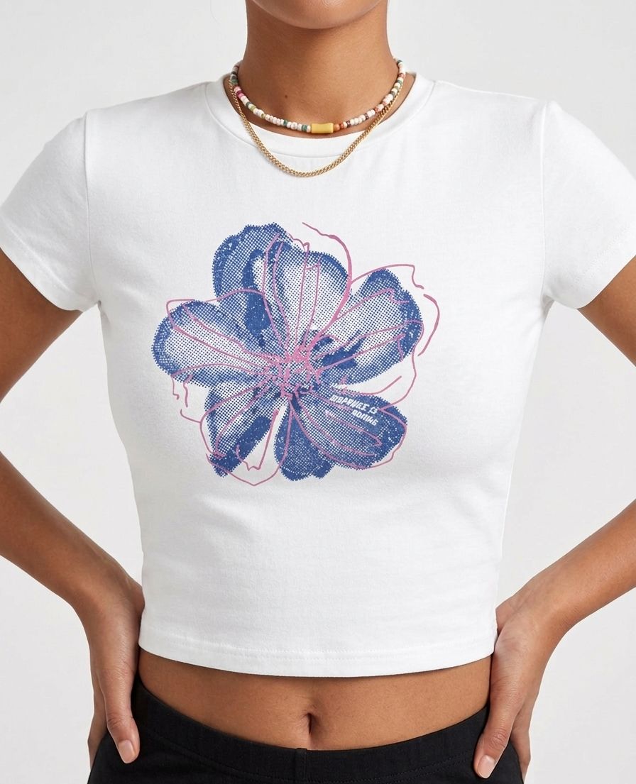 Floral Graphic Baby Tee for Women | Stretchable Crop T-Shirt | White Aesthetic Streetwear Top | physical by 303™ (formerly 303)