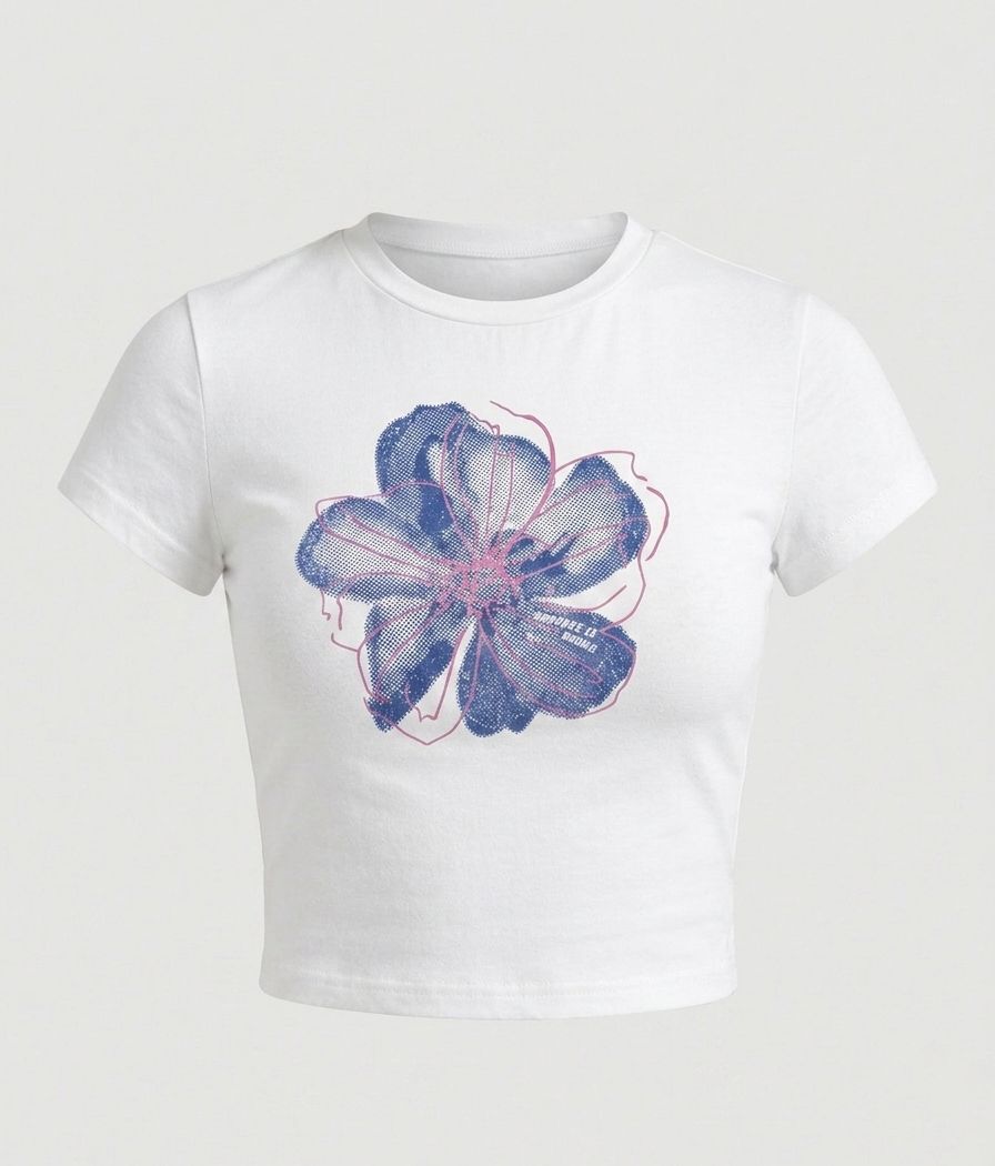 Floral Graphic Baby Tee for Women | Stretchable Crop T-Shirt | White Aesthetic Streetwear Top | physical by 303™ (formerly 303)