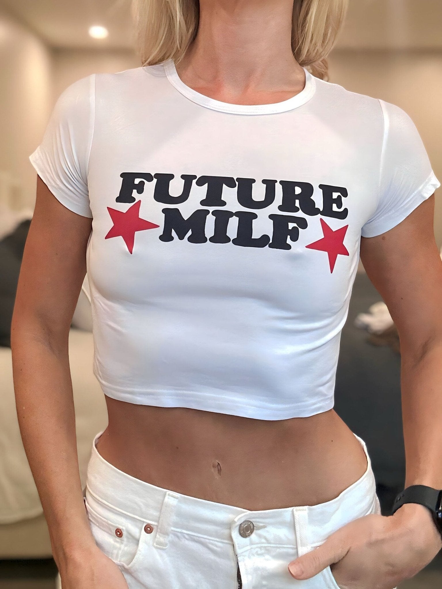 Future MILF Printed White Baby Tee for Women | physical by 303™ (formerly 303)