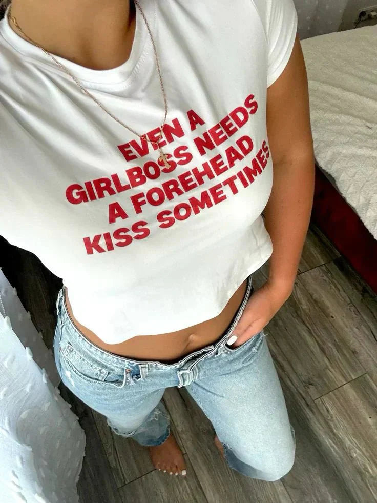 Girlboss Forehead Kiss Baby Crop Top – Trendy Color White | physical by 303™ (formerly 303)