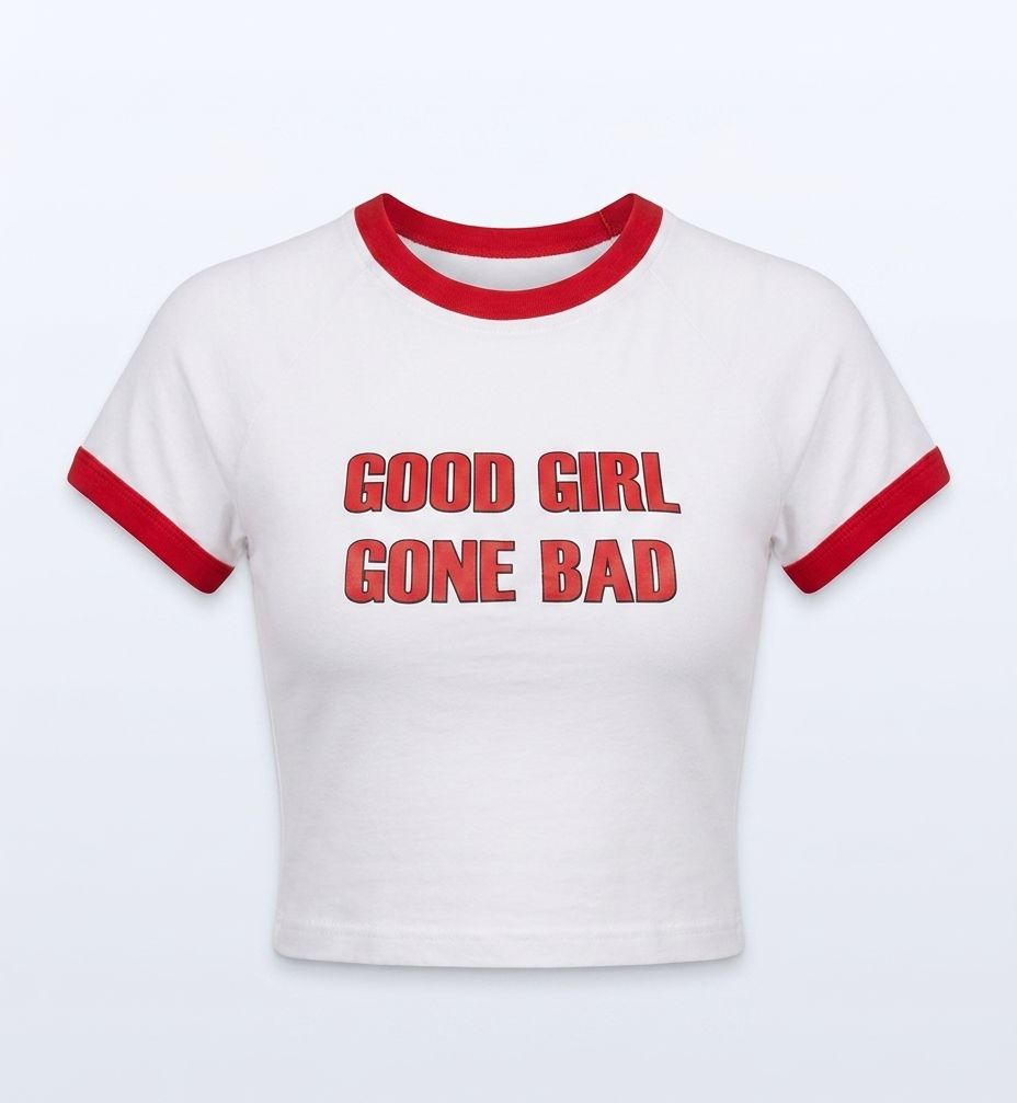 Good Girl Gone Bad Ringer Baby Tee – White & Red Fitted Crop Top | physical by 303™ (formerly 303)