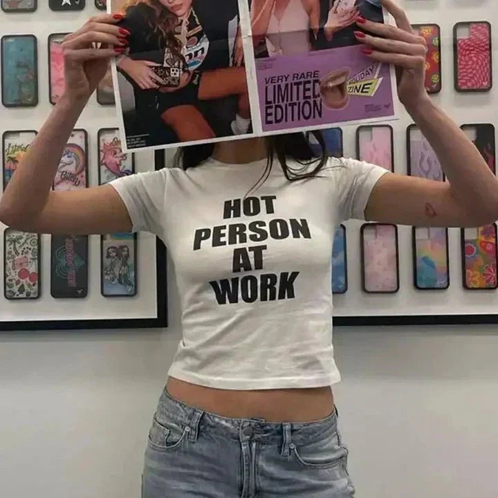 Hot Person at Work Baby Tee – Y2K Vintage Crop Top | 303 | physical by 303™ (formerly 303)