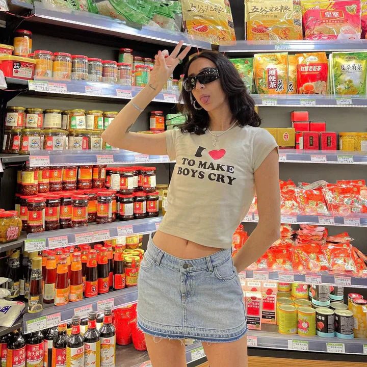I Love To Make Boys Cry Baby Tee – White Crop Top for Women | physical by 303™ (formerly 303)