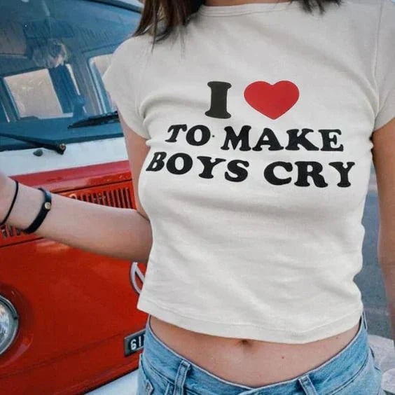 I Love To Make Boys Cry Baby Tee – White Crop Top for Women | physical by 303™ (formerly 303)
