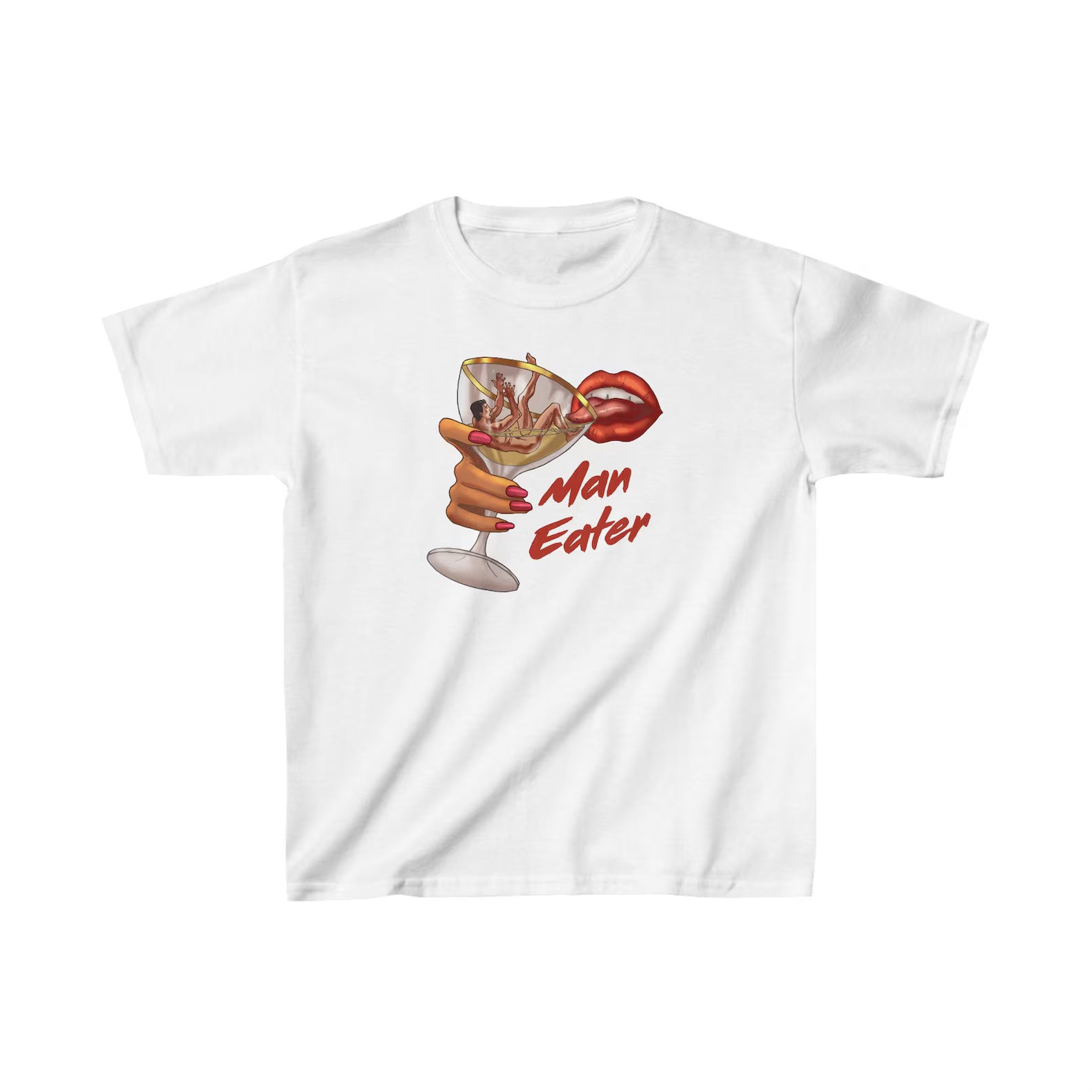 Women’s “Man Eater” Graphic Baby Tee – Y2K Aesthetic Fitted White Crop Top | physical by 303™ (formerly 303)