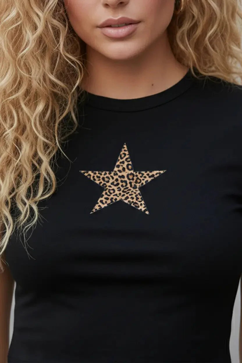 Leopard Star Black Crop Top Baby Tee – Fitted Aesthetic Women’s Crop Top Baby Tee | physical by 303™ (formerly 303)