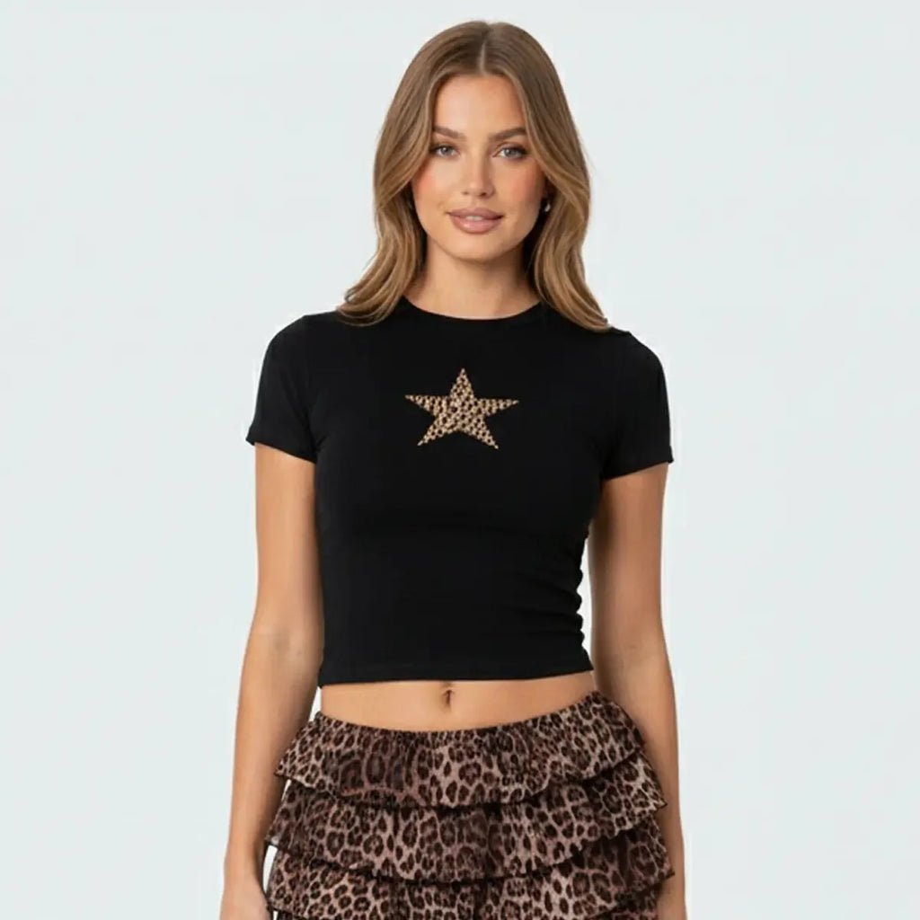 Leopard Star Black Crop Top Baby Tee – Fitted Aesthetic Women’s Crop Top Baby Tee | physical by 303™ (formerly 303)