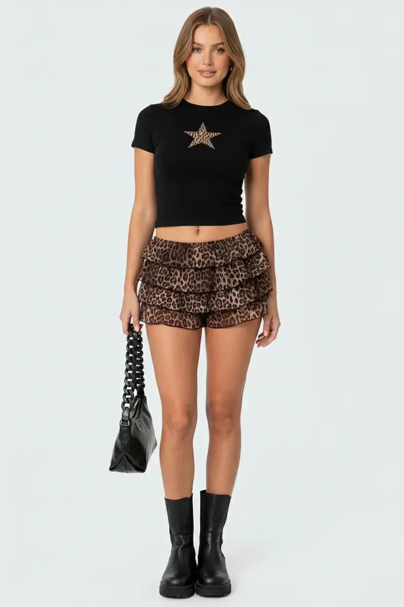 Leopard Star Black Crop Top Baby Tee – Fitted Aesthetic Women’s Crop Top Baby Tee | physical by 303™ (formerly 303)