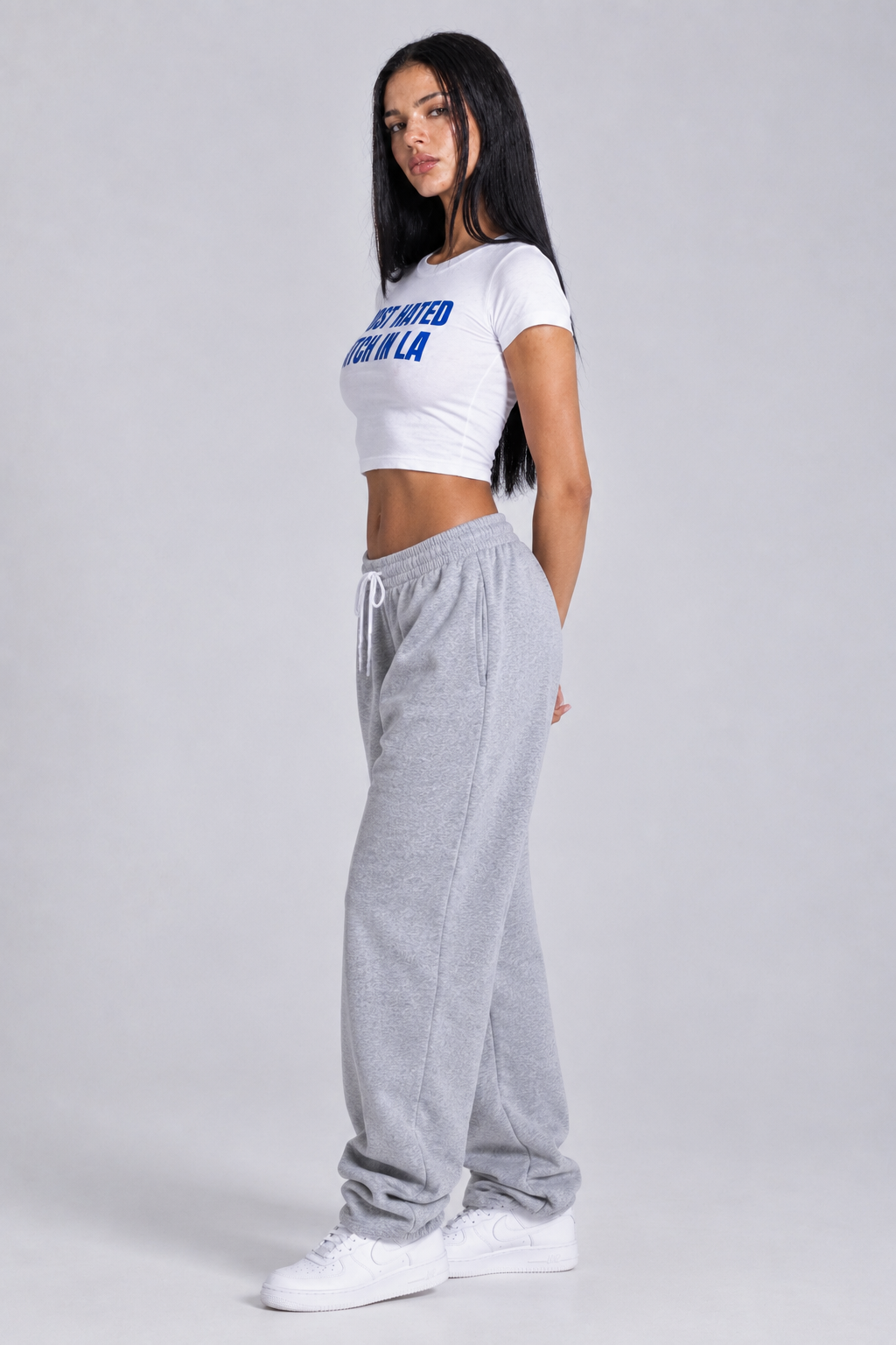 Most Hated Bitch in LA White Baby Tee | Blue Graphic Fitted Crop Top