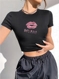 Muah! Black Baby Tee – Trendy Cropped T-Shirt with Lip Print Color Black | physical by 303™ (formerly 303)