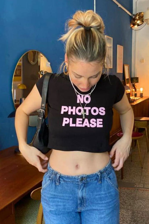 "No Photos Please" Baby Tee – Black Graphic Crop Top for Women | Tumblr Aesthetic Y2K Streetwear | physical by 303™ (formerly 303)
