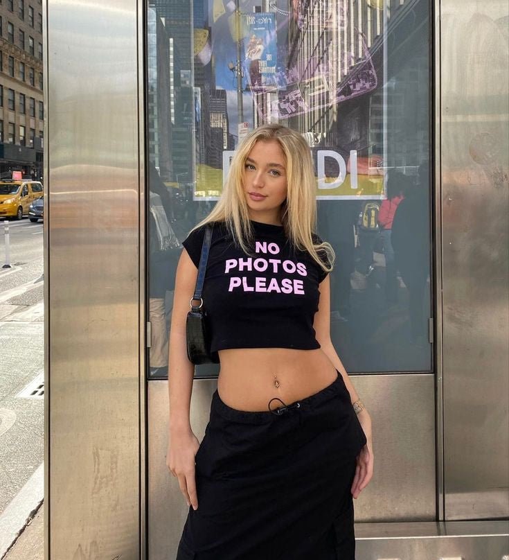 "No Photos Please" Baby Tee – Black Graphic Crop Top for Women | Tumblr Aesthetic Y2K Streetwear | physical by 303™ (formerly 303)