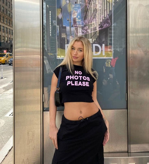 "No Photos Please" Baby Tee – Black Graphic Crop Top for Women | Tumblr Aesthetic Y2K Streetwear | physical by 303™ (formerly 303)