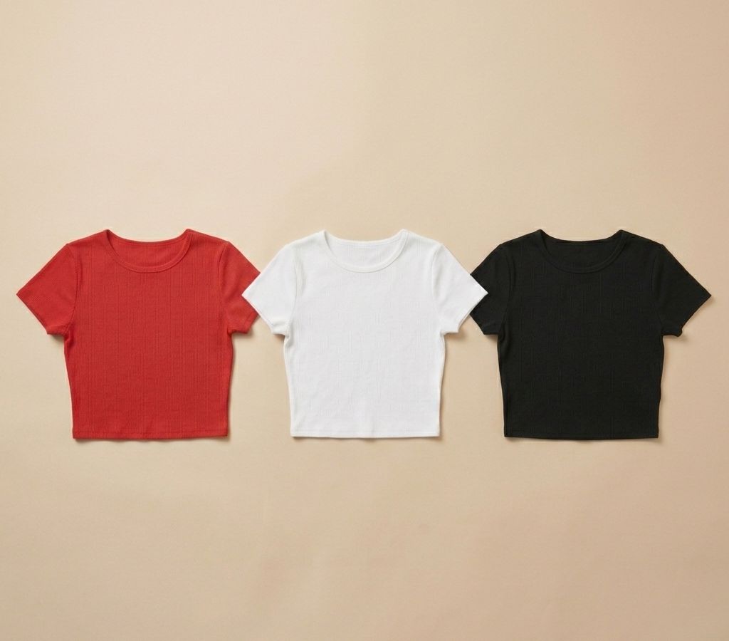 Pack of 3 Baby Tees for Women – Red, White & Black | Stretchable Lycra Cotton Fitted Crop Tops | physical by 303™ (formerly 303)