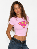 Pink Superwoman Baby Tee | Y2K Graphic Fitted Crop Top