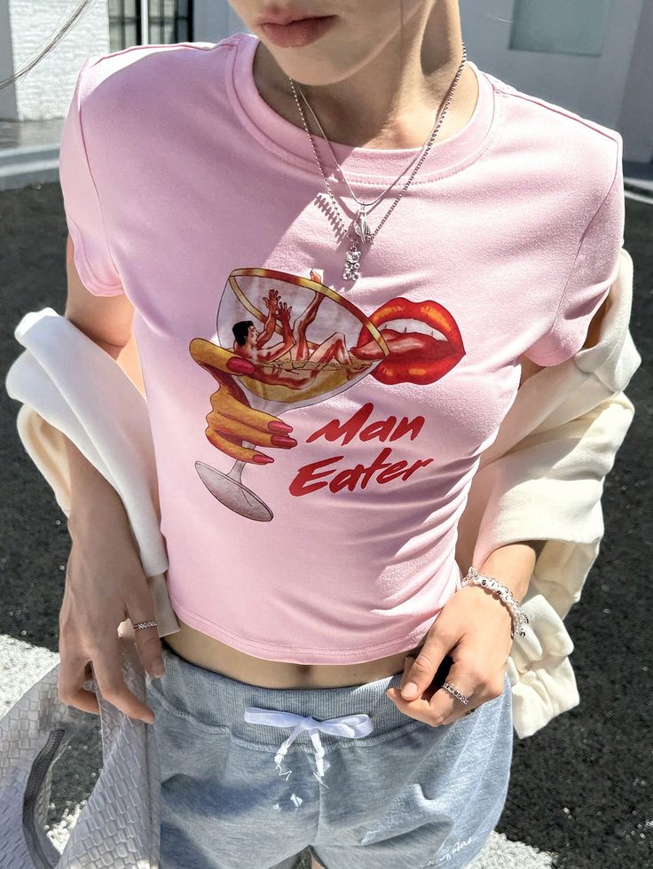 Pink Graphic Baby Tee for Women – Man Eater Print Y2K Aesthetic Slim Fit Crop Top | physical by 303™ (formerly 303)