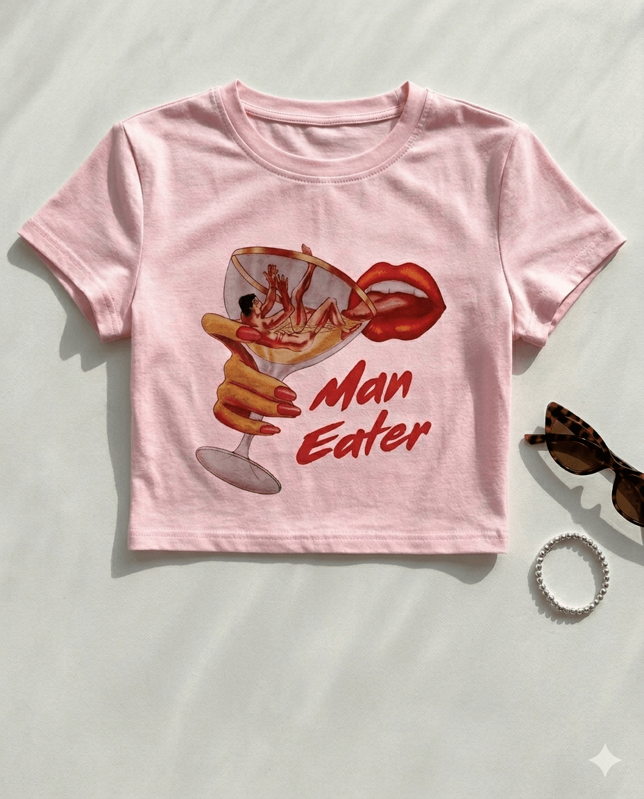 Pink Graphic Baby Tee for Women – Man Eater Print Y2K Aesthetic Slim Fit Crop Top | physical by 303™ (formerly 303)