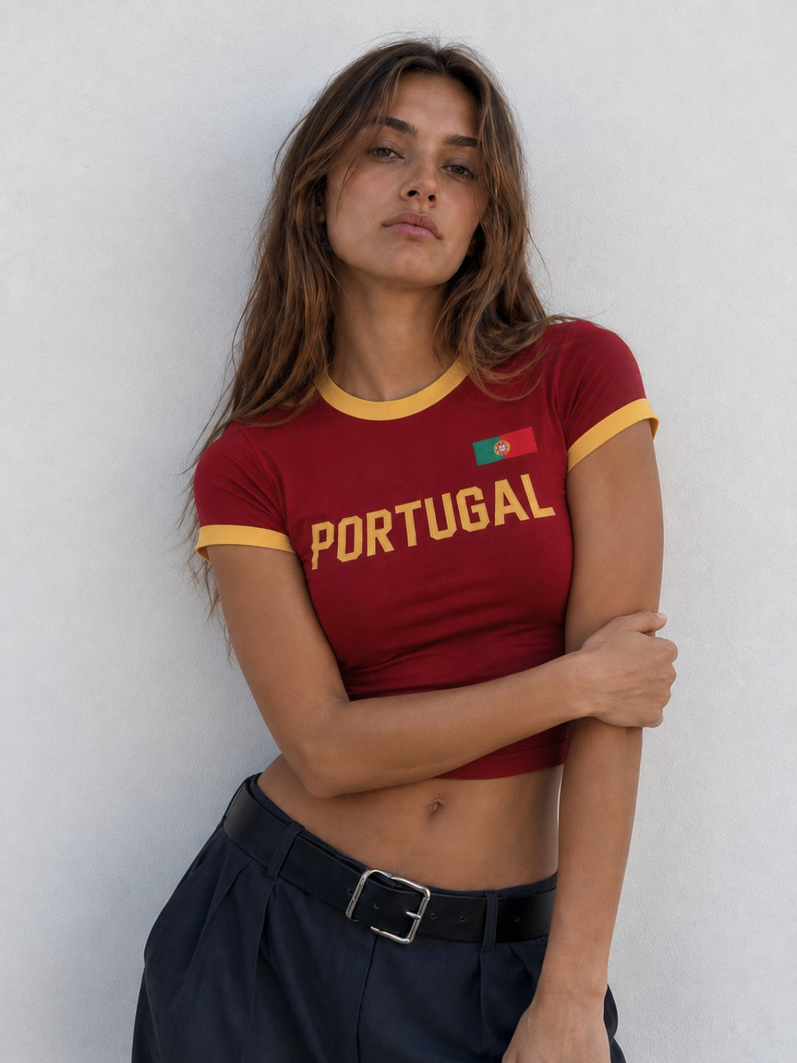 Portugal red ringer baby tee for women front view