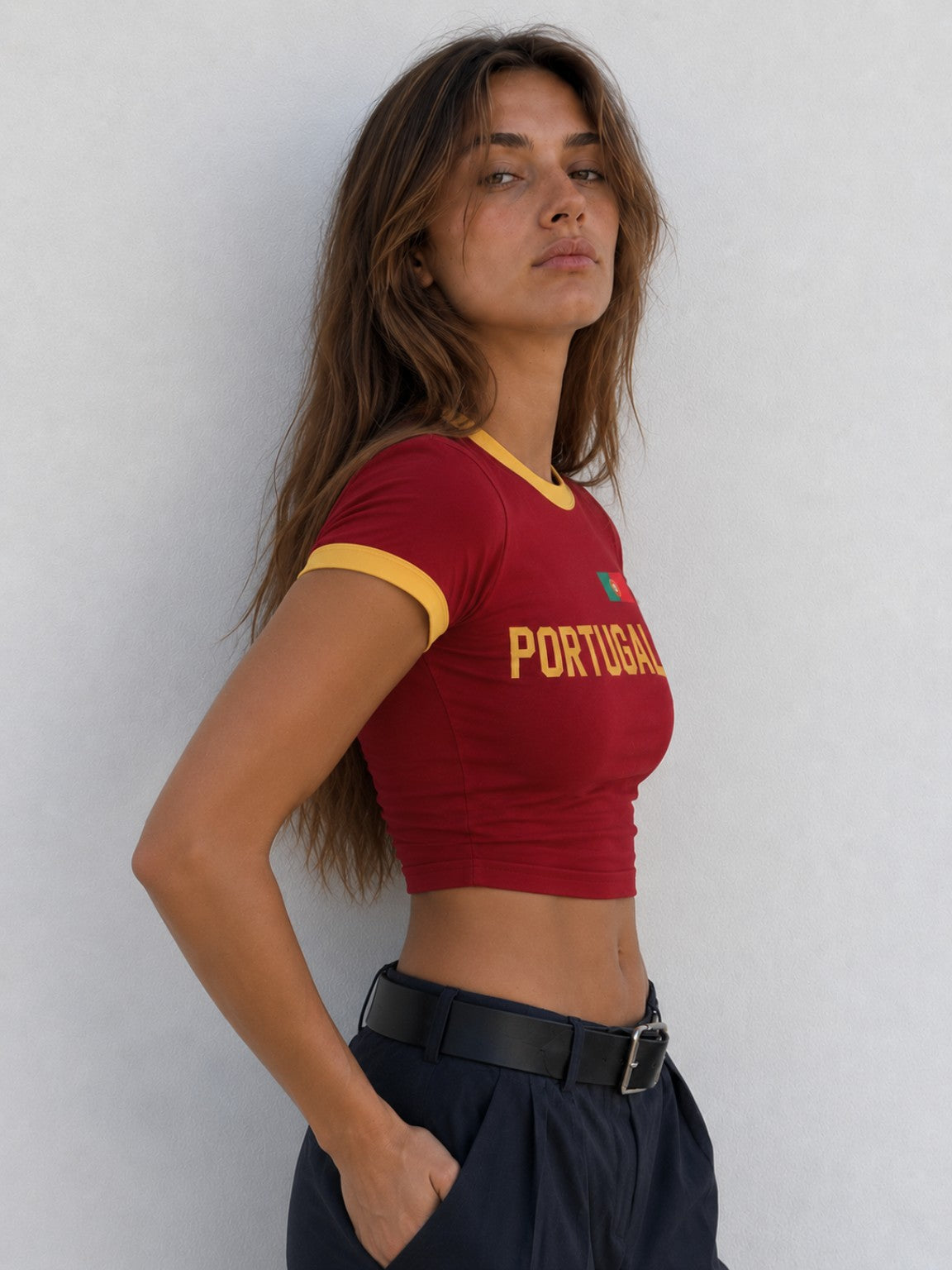 Portugal red ringer crop baby tee for women side view