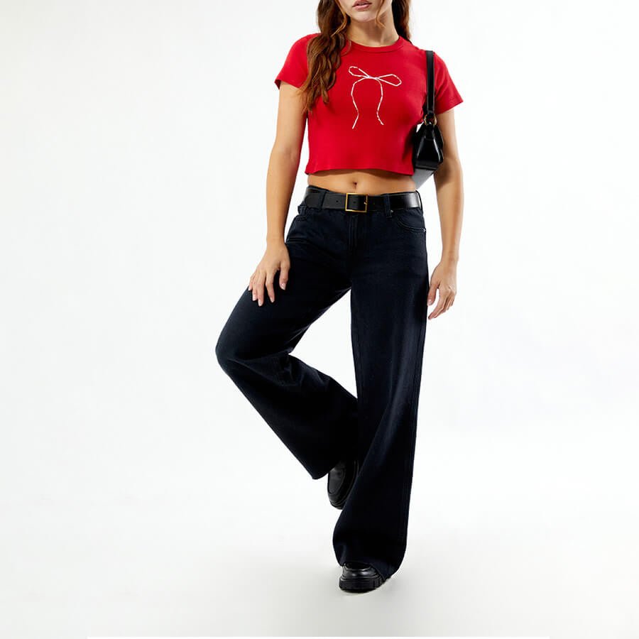 Red Bow Baby Tee for Women – Cute Graphic Cropped Red Tee | physical by 303™ (formerly 303)