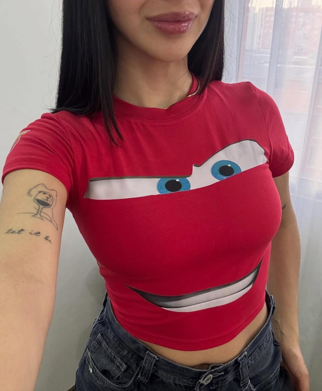 Red Cartoon Eyes Graphic Baby Tee – Slim Fit Y2K Crop Top | physical by 303™ (formerly 303)