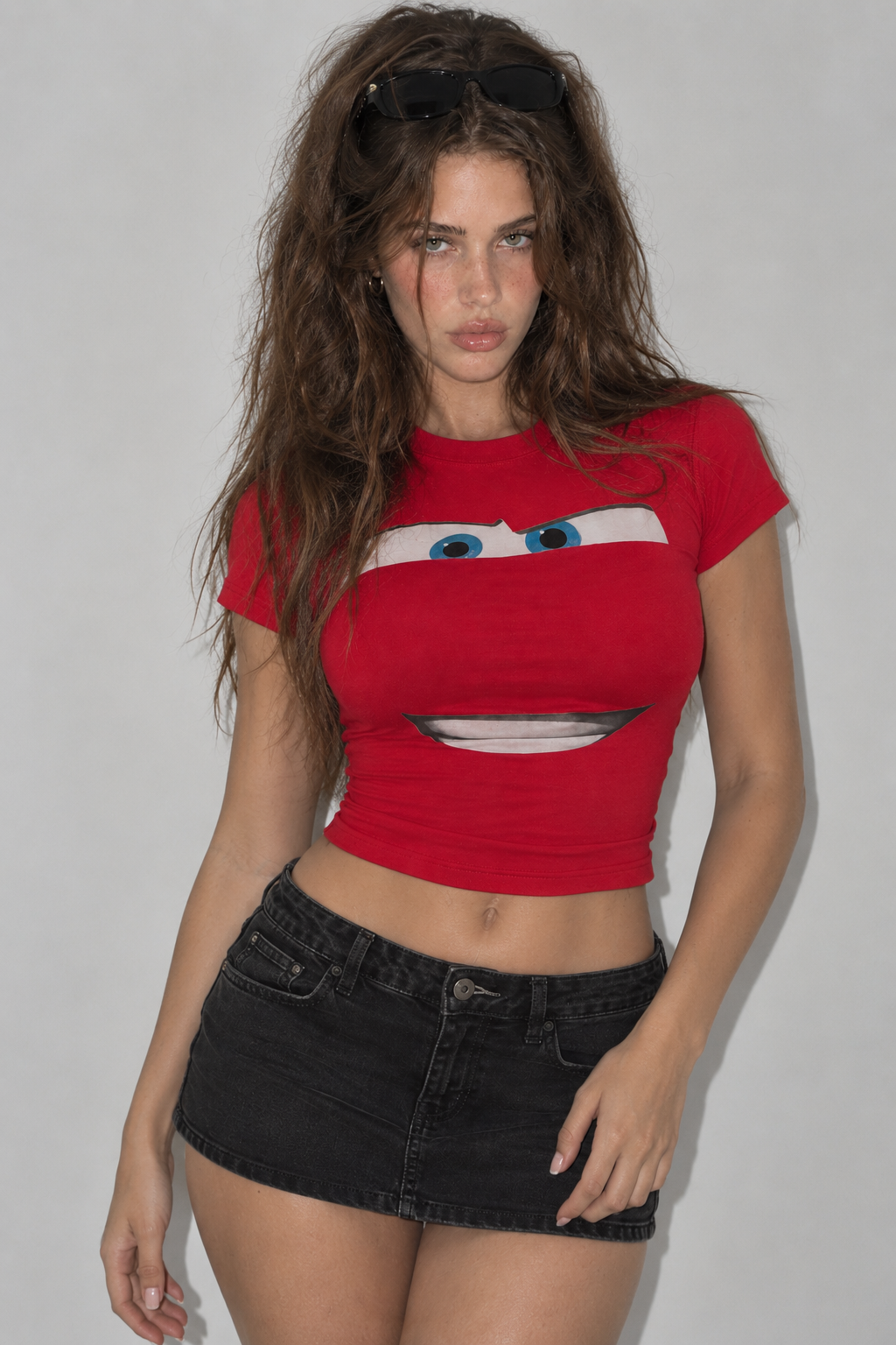 Red Cartoon Eyes Graphic Baby Tee – Slim Fit Y2K Crop Top