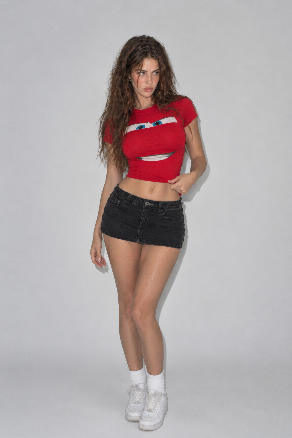 Red Cartoon Eyes Graphic Baby Tee – Slim Fit Y2K Crop Top